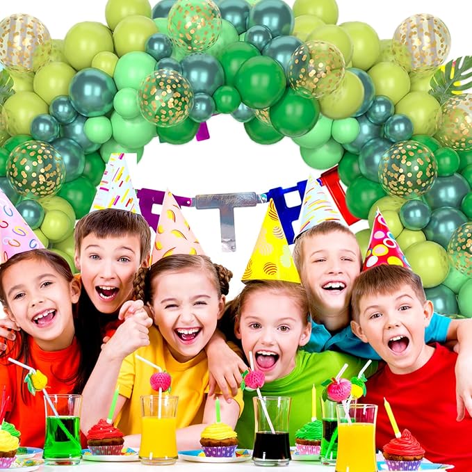 Paready Green Balloon Arch Kit, 120Pcs Dark Green Balloon Garland Kit Light Fruit Metallic Green Party Balloons Gold Confetti Balloons for Kids Jungle Theme Birthday Dinosaur Party Baby Shower