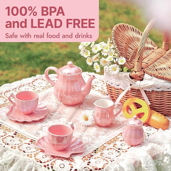 Giant bean Porcelain Tea Set, Pearl Pink Real Tea Party Set for Little Girls, British Royal Princess Series Teapot & Cup & Saucer & Sugar Bowl & Suitcase, for Little Kids Toddlers