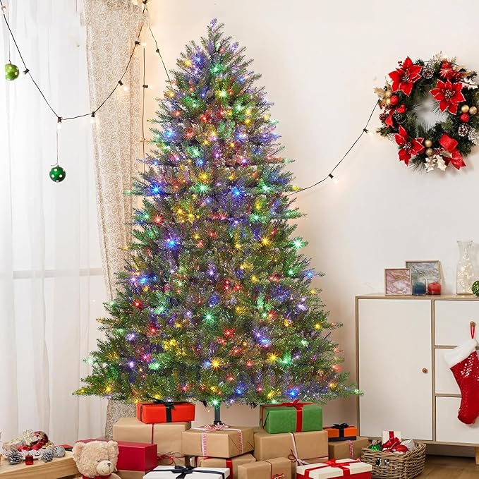 Garvee 7.5ft Artificial Christmas Tree Prelit, PVC Xmas Tree with 2165 Branch Tips, 600 Dual-Color LED Lights & Foldable Base, for Holiday, Party, Christmas Decorations, Green