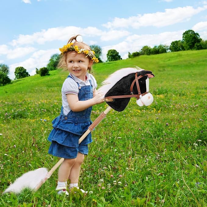 Plush Stick Horse with Wood Wheels Real Pony Neighing and Galloping Sounds Plush Toy, Stick Pony Provides Fun Pretend Play for Toddlers & Preschoolers (AA Batteries Required)