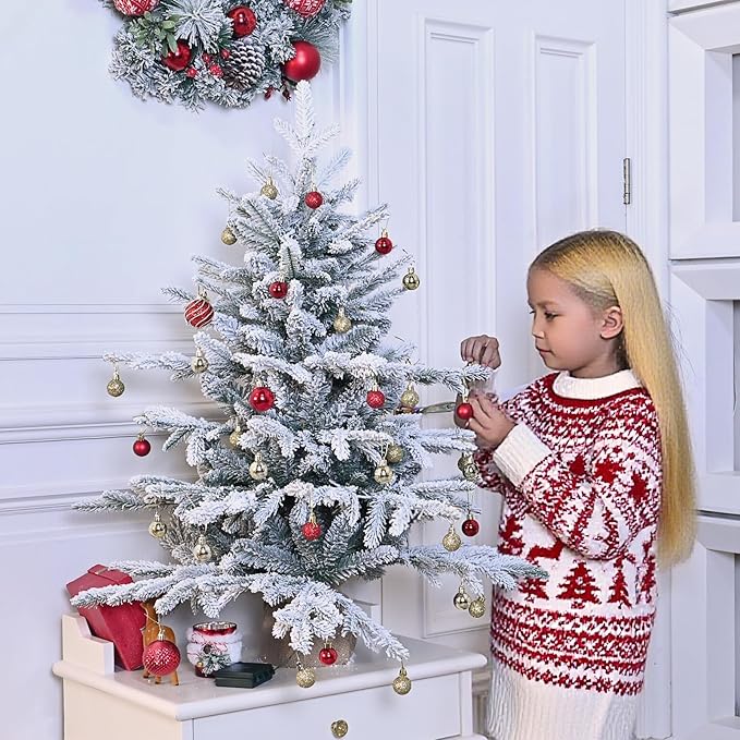 Prelit Flocked Christmas Tree, Artificial Small Christmas Tree with Led Lights, Frosted LED Xmas Tree with Snow (3FT-Lights)