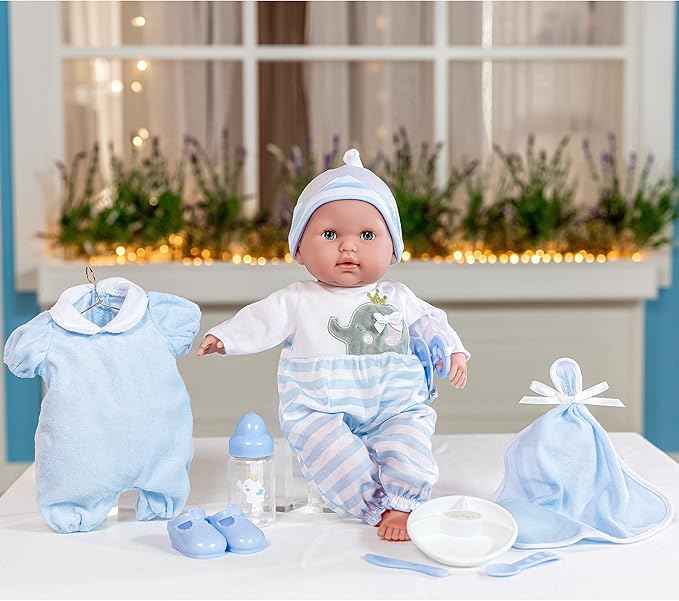 15" Realistic Soft Body Baby Doll with Open/Close Eyes | JC Toys - Berenguer Boutique | 10 Piece Gift Set with Bottle, Rattle, Pacifier & Accessories | Blue | Ages 2+