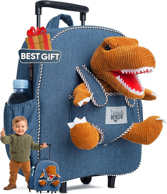 Toddler Luggage for Boys w Dinosaur Toys, Kids Rolling Backpack for Boys, Toddler Suitcase, Gifts for 3 4 5 6 Year Old