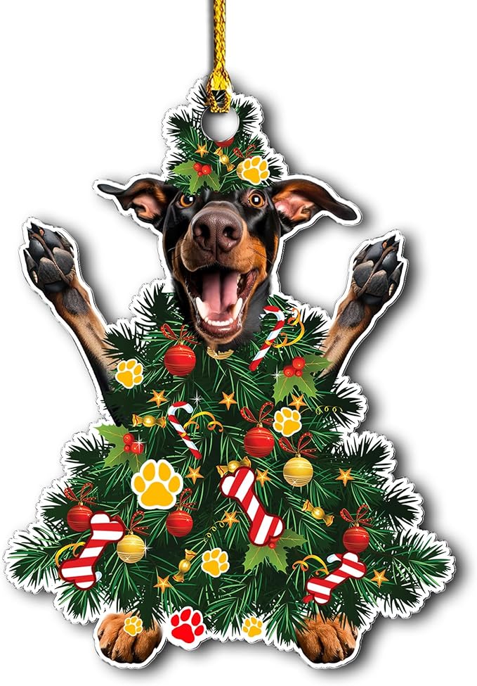 2025 Doberman Pinscher Christmas Tree Ornament - Festive Holiday Acrylic Hanging Decoration with Adorable Doberman Dog - Doberman Dog Christmas Tree Topper Ornament