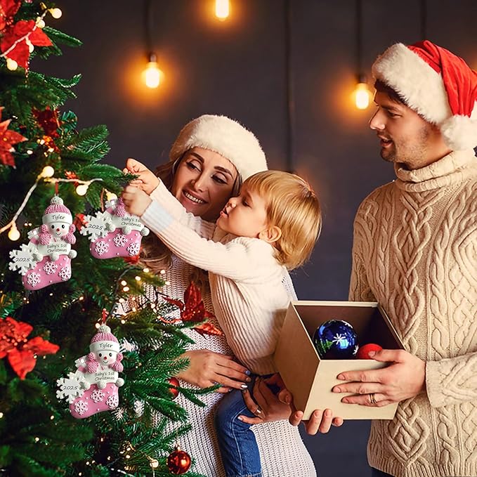 Personalized Ornament Baby's First Christmas 2025 Customized Snowman Ornaments with Name Xmas Tree Decoration Gifts for New Born Baby Girl (Pink)