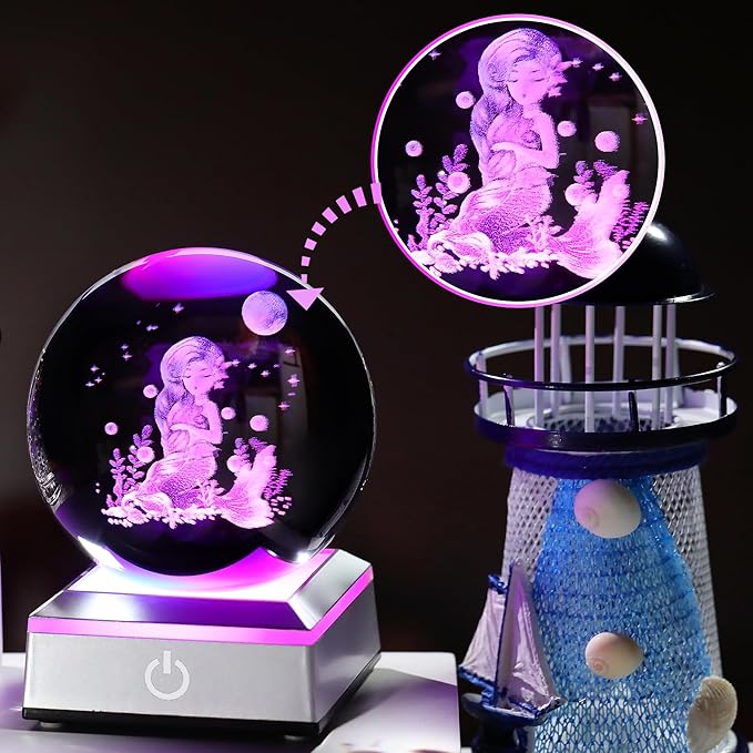 Ornalrist 3D Mermaid Crystal Ball Gifts for Women, Girls 3.15in with Colorful LED Light Base - Gifts for Kids on Birthday, Christmas, New Year - Mermaid Figurines Home Decor