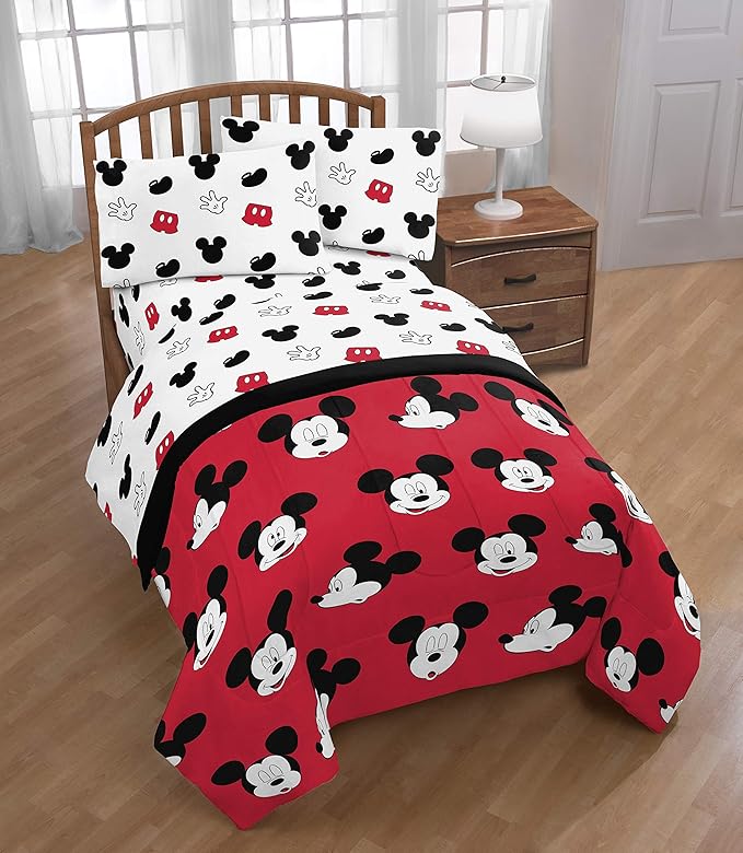 Jay Franco Disney Mickey Mouse Cute Faces 5 Piece Full Bed Set - Includes Comforter & Sheet Set - Super Soft Fade Resistant Polyester - (Official Disney Product)