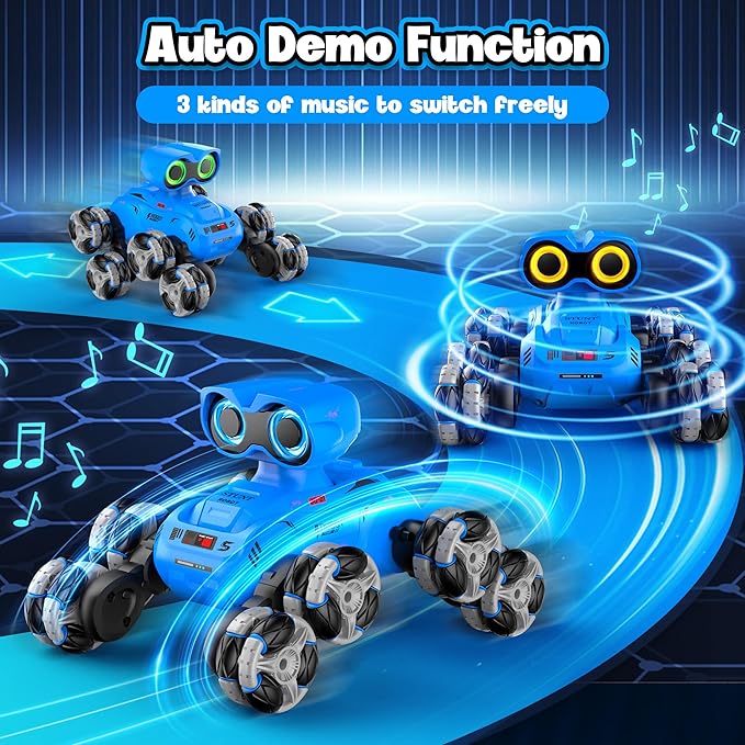 Robot Toys, 8-Wheel Stunt Remote Control Car with Auto-Demonstration, 360° Rotation, LED Eyes, Music, 2.4Ghz, All Terrain Rc Cars, Remote Control Robot for Boys 4-7 6-8 8-12