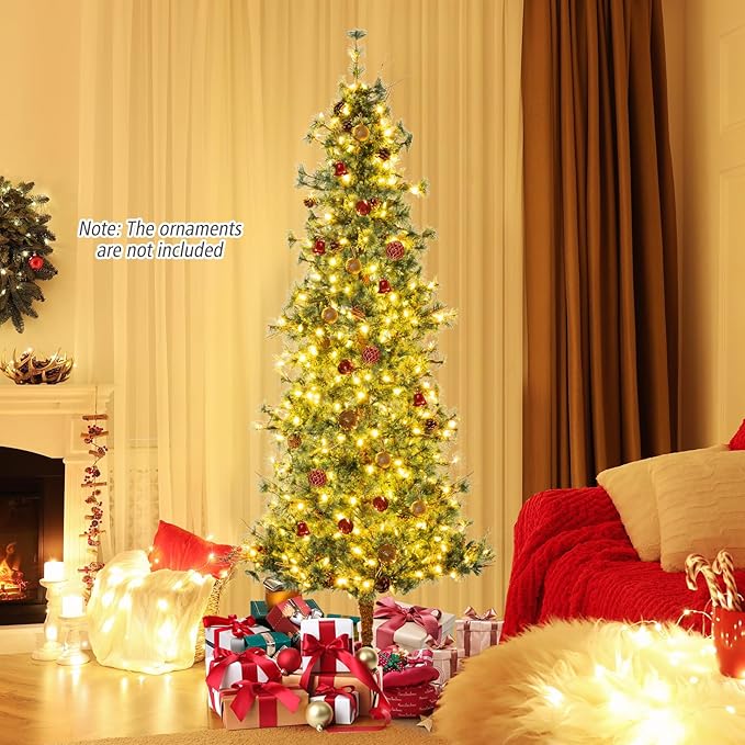 GOFLAME 8FT Pre-lit Christmas Tree, Artificial Xmas Tree with 400 Warm White LED Lights, 702 Branch Tips, Withered Branches, Pine Needles & 36 Pine Cones, Holiday Decoration Tree for Home Party