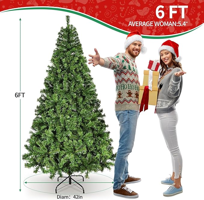 6.5ft Artificial Christmas Tree w/250 Multi-Color Lights & 8 Different Light Holiday Xmas Tree, Premium Hinged Spruce Xmas Tree w/1060 Branch Tips and Foldable Metal Stand for (6FT)