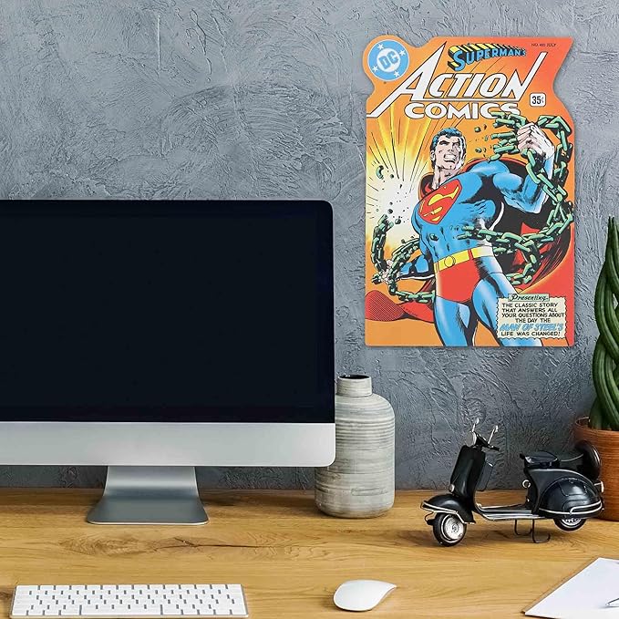 DC Comics Superman Action Comics Cover Metal Sign - Vintage Superman Wall Art for Man Cave or Movie Room