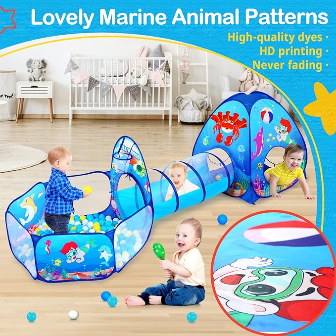 3PC Kids Ball Pits for Toddlers with Kids Play Tent, Kids Tunnel for Baby, Children Pop Up Indoor/Outdoor Playhouse Toy for Boys and Girls, Best Birthday Gifts for 3 4 5 Years Old