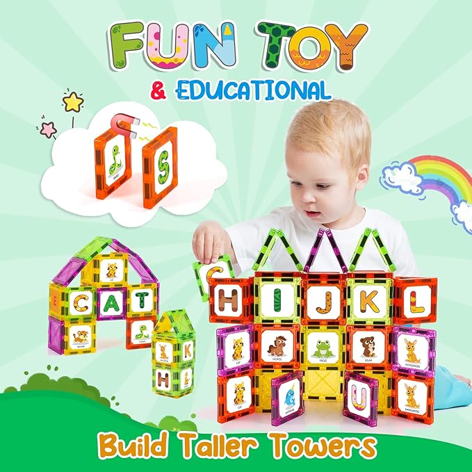 Magnetic Tiles Letters Learning Toys, Animals Alphabet ABC Magnets for Kids 1-3 2-4 3-5 4-8, Toddlers Classroom Must Haves 48PCS Stacking Toys, Homeschool Essentials for Preschool Spelling Game