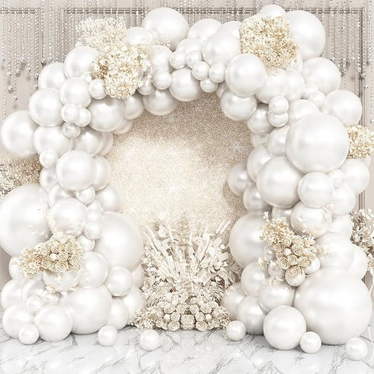 Pearl White Double-Stuffed Balloons Arch Garland Kit, 60 Pack 18/12/10/5 Inch Different Size Standard White Pearl Balloons for Wedding Bridal Shower Anniversary Birthday Engagement Decor