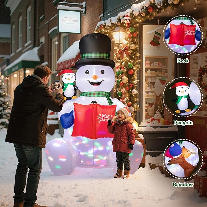 Dawdix 7 FT Christmas Inflatable Snowman Outdoor Decorations, Blow up Snowman Yard Decor Built-in Colorful Rotating LED, Penguin & Reindeer Christmas Decoration, Xmas Holiday Decor for Garden Lawn