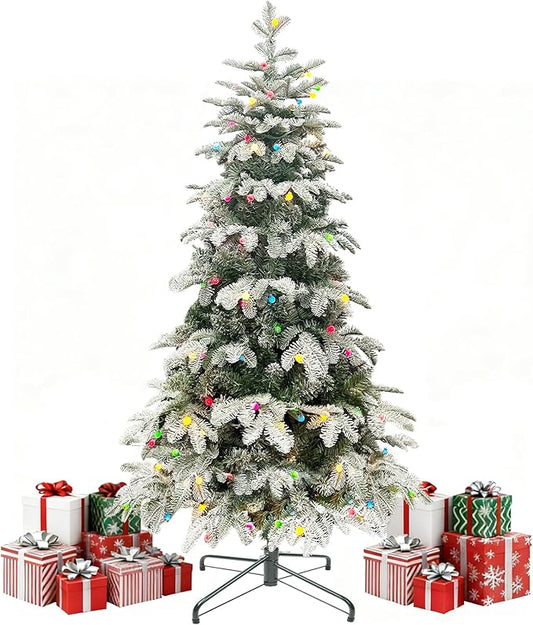 5ft Prelit Christmas Tree, Artificial Snow Flocked Christmas Tree with 140 Multicolor Lights, PE & PVC Mixed Layered Christmas Trees with Metal Stand, Xmas Tree for Holiday Decor