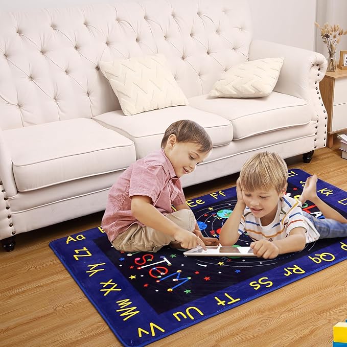 3x5 Outer Space Rug Kids Playroom Rug Solar System ABC Alphabet Educational Floor Mat Non Slip Backing Planet Carpet Ultra Soft Low Pile Area Rug for Bedroom Classroom Nursery Playroom Blue