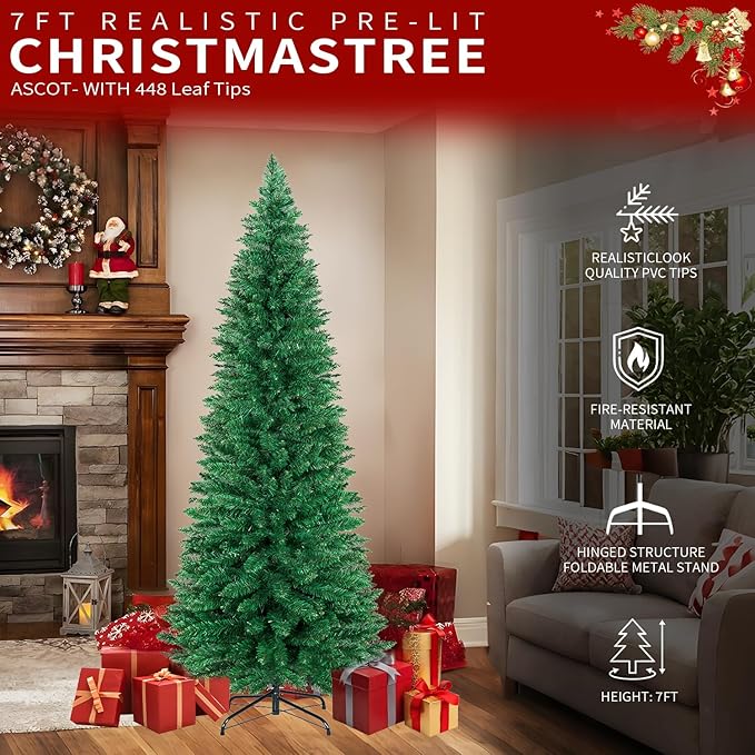 7FT Christmas Tree,Artificial Pencil Christmas Tree with 448 Branch Tips,Xmas Tree with Solid Metal Foldable Stand Perfect for Indoor&Outdoor,Christmas Decoration for Party by DNKMOR