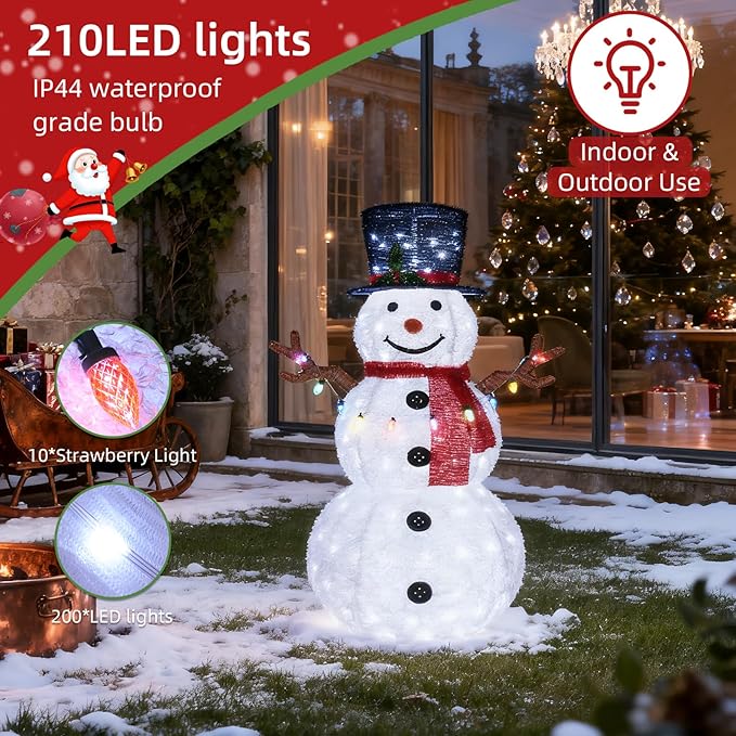 HOYECHI 5ft Lighted Pop-Up Snowman - Large White Outdoor Christmas Decoration with 200 LED Lights, Hat, Scarf, 10 Multicolored Lights, Holiday Ornaments for Home, Lawn and Front Yard