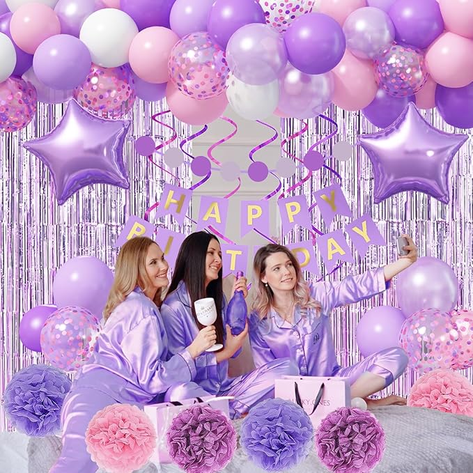 Pastel Pink Lilac White Balloon Arch Garland, Pale Purple Pink Happy Birthday Banner Foil Curtain Pompoms Hanging Swirl for Women Girls Birthday Party Decor