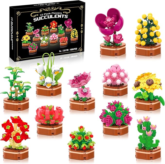 12 Pack Flower Succulent Building Block Set, 1001 Pcs DIY Creative Flowers Model Kit for Adults and Teens, Artistic Floral Home Decor, Perfect Christmas Birthday Gift for Loved Ones