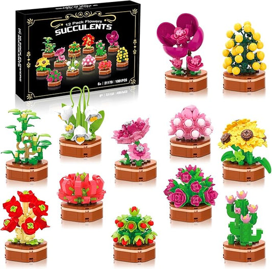 12 Pack Flower Succulent Building Block Set, 1001 Pcs DIY Creative Flowers Model Kit for Adults and Teens, Artistic Floral Home Decor, Perfect Christmas Birthday Gift for Loved Ones