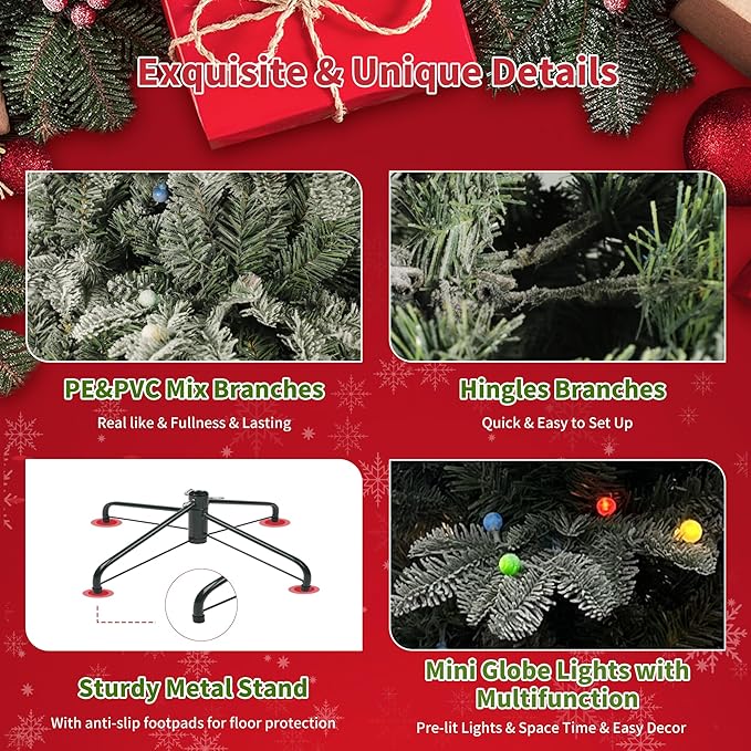 4Ft Pre-Lit Artificial Snow Flocked Christmas Tree, PE & PVC Mixed Layered Christmas Tree Hinged Tree with Lights and Metal Stand, Slim Xmas Tree for Holiday Decor