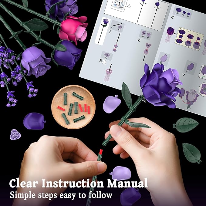 Purple Roses Flower Bouquet Building Sets, 834PCS Artificial Flowers Botanical Collection Compatible with Lego Flowers for Adults Gothic Decor, Gifts for Christmas Valentines Day