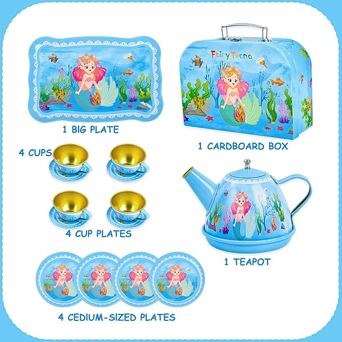 Mermaid Tea Party Set for Little Girls Ages 3-6, 15-Piece Pretend Play Kitchen Toys with Teapot, Cups, Plates & Storage Case, Princess Gift Set (Blue)