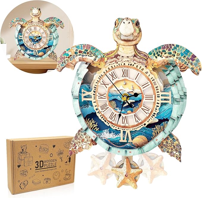 3D Puzzles for Adults Clock-Turtle Design Model Kit-Mechanical DIY Pendulum Clock with Roman Numerals-Desk Home Office Decor Personalized Gift for DIY Lovers