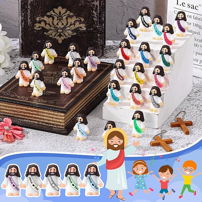 Bememo 25 Pcs Little Jesus Figures Original Design Jesus Love You Mini Rubber Toys to Hide and Seek Religious Party Favors Sunday School Baptism Gifts(Colorful)
