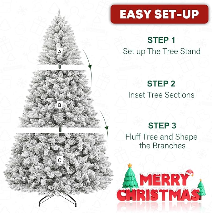 6ft Prelit Flocked Christmas Tree, Artificial Holiday Christmas Tree with 250 Warm White Lights, 1032 Branch Tips, Hinged Design & Metal Base, Easy Assembly for Indoor Decorating