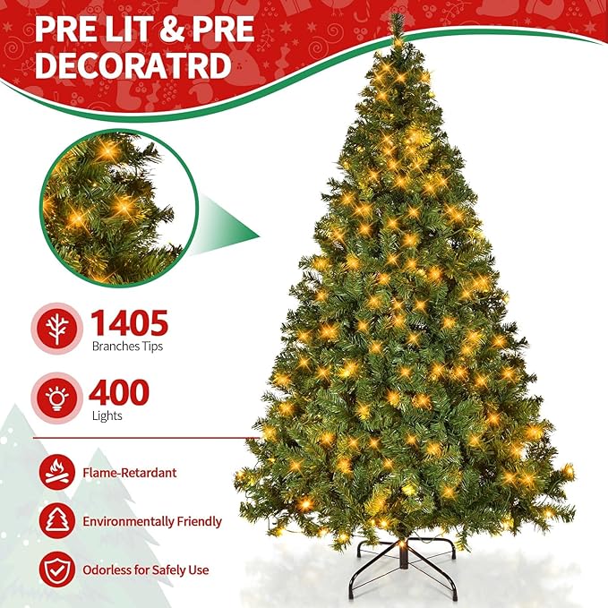 7.5ft Artificial Christmas Tree w/400 Warm Lights Lights &8 Different Light Holiday Xmas Tree, Premium Hinged Spruce Xmas Tree w/1405 Branch Tips and Foldable Metal Stand for Home, Office, Party