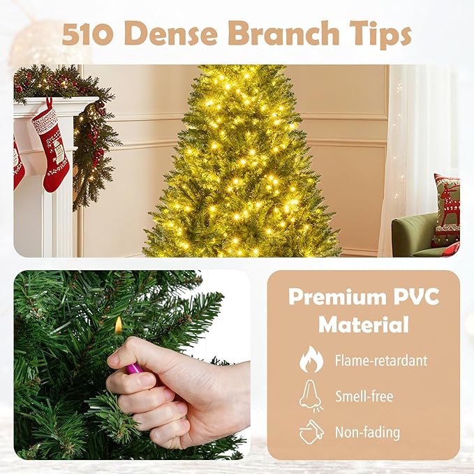 Goplus 5 FT Pre-Lit Artificial Christmas Tree, Hinged Xmas Tree with 510 Branch Tips, 400 Warm White LED Lights, 7 Lighting Modes & Folding Metal Stand, Seasonal Decoration Tree for Home Party Holiday