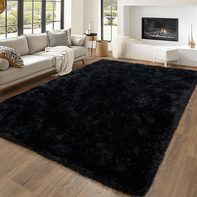 5'x7' Super Fluffy Rug for Bedroom, Modern Shag Black Area Rugs, Soft and Cozy Plush Large Carpet for Kids, Girls Boys and Teens Decorations for Living Room Dorm Nursery Classroom, Black