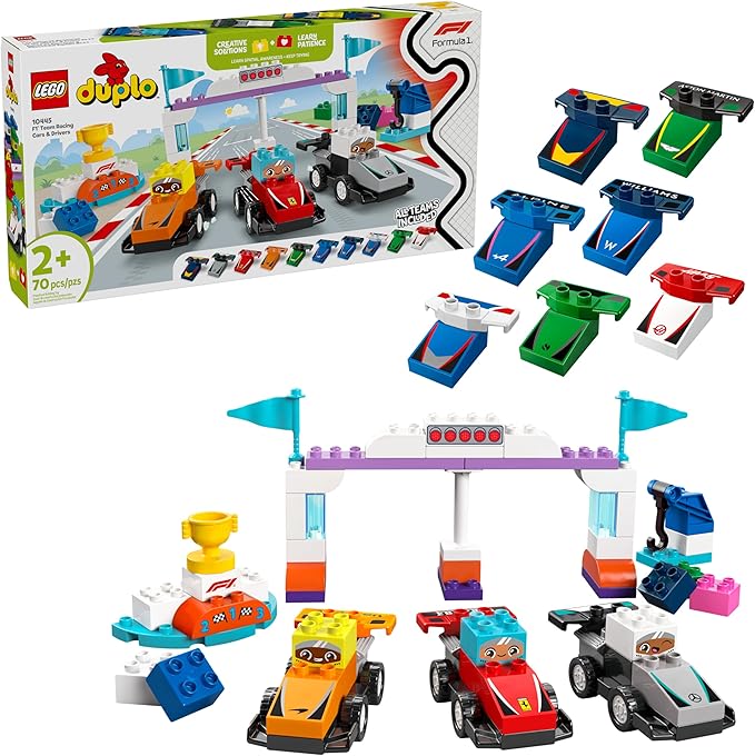 LEGO DUPLO Town F1 Team Race Cars & Drivers Building Toy Playset - Toddler Toy Cars for Pretend Play, Boys and Girls, Ages 2+ - Learning and Educational Gift for Preschool - 10445
