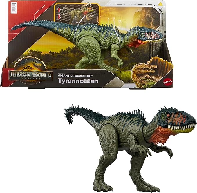 Mattel Jurassic World Rebirth Gigantic Thrashers Tyrannotitian Dinosaur Figure Toy, 2 Tail Activated Rampage Attacks, Digital Play