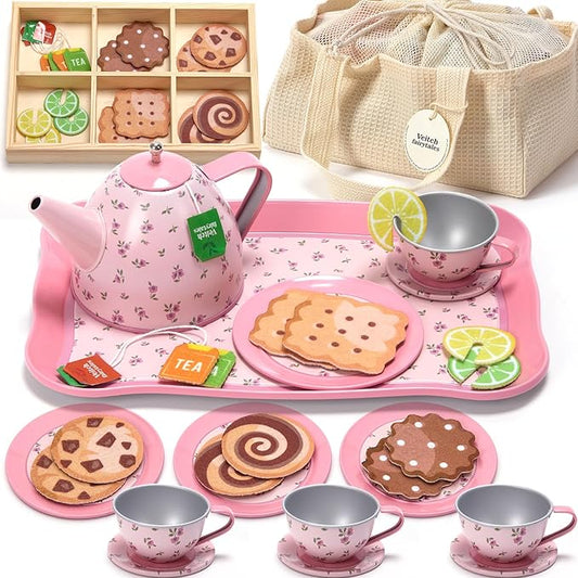 Kids Tea Party Set for Little Girl, Tea Sets for Toddler Pretend Play Food Kitchen Toy Accessories Gift for 3 4 5 6 Years Old Girls Boys (Pink)