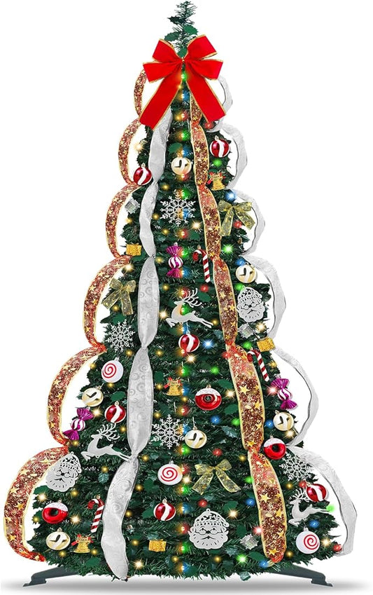 6 FT Prelit Pop Up Christmas Tree with 200 Warm White & Multicolor Lights 8 Modes & Timer Fully Decorated 103 Ornaments, Collapsible Pull Up Christmas Tree with Lights for Indoor Home Party Decor