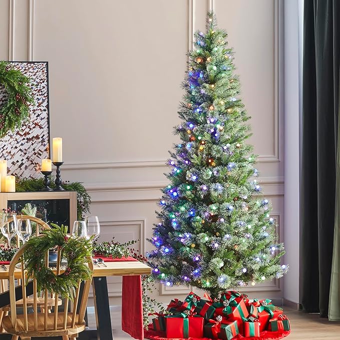 Glitzhome Prelit Christmas Tree, 7.5ft Artificial Green Christmas Tree Charming Cashmere Slim Pine with 350 Warm White and Multi-Color Globe LED Lights, 9 Function w/Foot Pedal and Remote Control