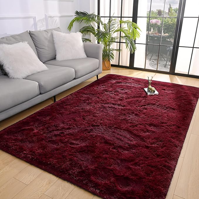 Pettop Fluffy Burgundy Rug for Bedroom Living Room, 6x9 Feet Super Soft Shaggy Plush Fuzzy Rugs for Girls Kids Boys, Non-Slip and Washable Rug for Nursery Classroom, Carpet for Rooms Decor
