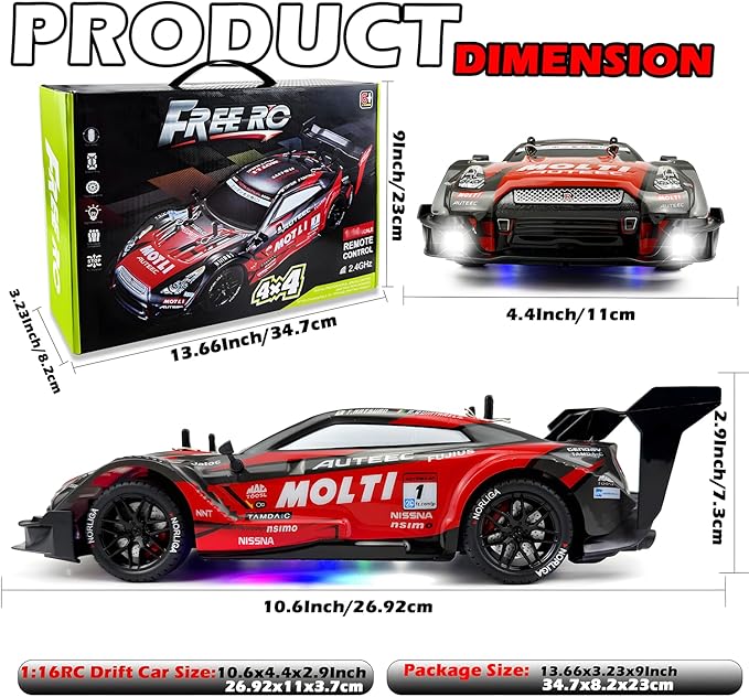 1:16 RC Drift Car 2.4GHz Spray 4WD LED Lights 30+KM/H High Speed Remote Control Car 2 Batteries 60Min Infinitely Variable Speed Drift Car Toys for Adults and Kids(Red)