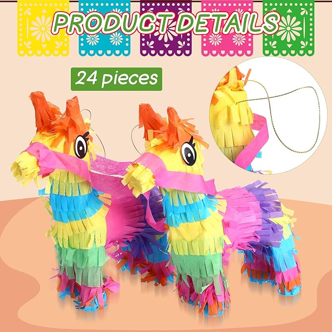 24 Pcs Mini Donkey Pinatas Little Rainbow Donkey Pinatas Bulk Cinco De Mayo Mexican Party Favors for Mexican Carnivals Festivals Taco Tuesday Event, 7.5 x 4 Inches