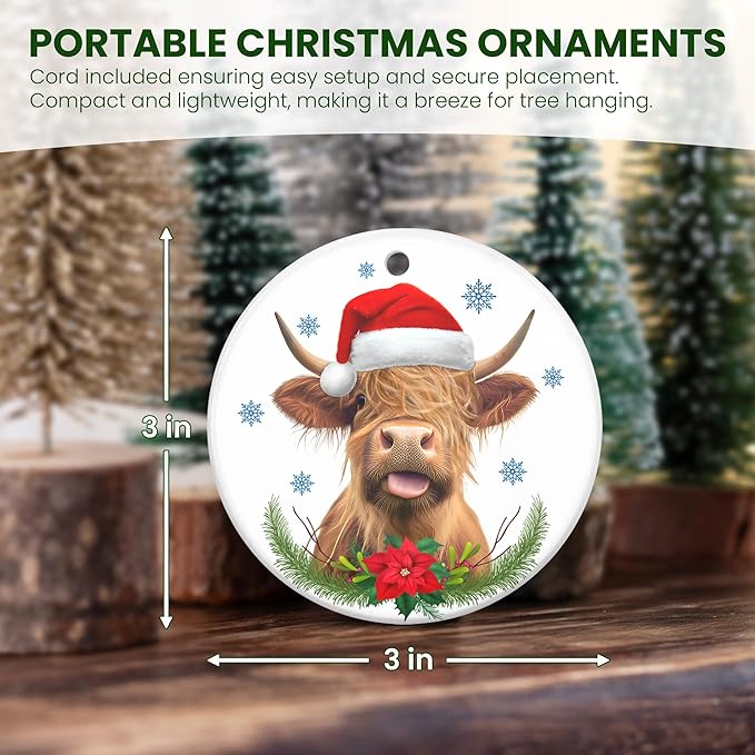 OASSIE Highland Cow Christmas Ornaments Gifts for Women Men - Ceramic Ornaments 2025 for Tree Decorations - Cow Ornament for Farmhouse Decorations, Hanging Ornament for Rustic Tree, Farm Animal Gifts