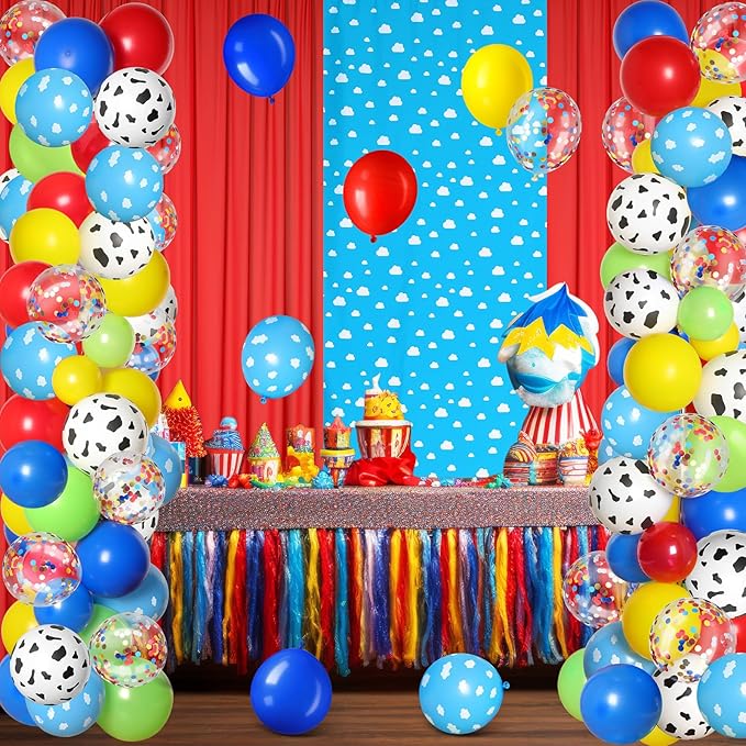 116 Pcs Boy Story Baby Shower Decorations Kit Cartoon Backdrop Includes Blue Sky White Clouds Backdrop Panels Chiffon Background Curtain Balloons for Boys Girls Birthday Party