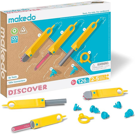 Makedo Discover | Upcycled Cardboard Construction Tool Kit in Small Toolbox (126 Pieces) | STEM + STEAM Educational Toys for at Home Play + Classroom Learning | Reusable Tools for Boys & Girls Age 5+