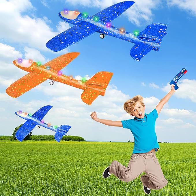 3 Pack Airplane Launcher Toy for Kids Led Light Foam Glider with Plane Launcher for Playing Outdoor Flying Toy for 3 4 5 6 7 8 9 10 11 12 Old Boys Girls Gift and Presents