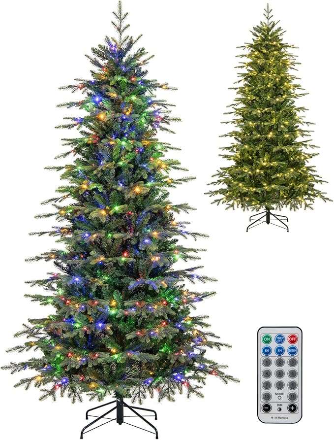 Goplus 7.5ft Pre-Lit Artificial Christmas Tree, Hinged Xmas Tree with 1162 PVC & PE Tips, 380 Multicolored & Warm White LED Lights, 11 Modes, Remote Control, Metal Stand, Home Office Decoration