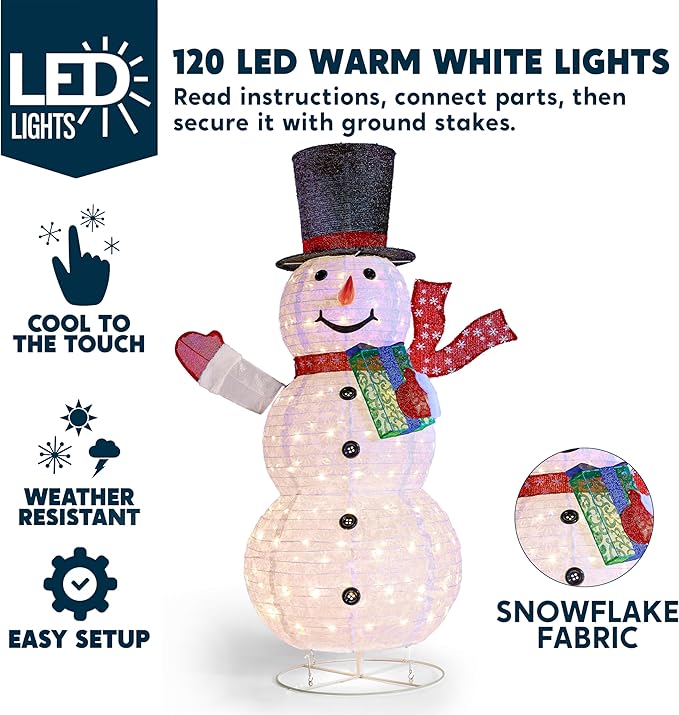 Joiedomi Snowman Christmas Decoration Outdoor, 120 LED Lighted Christmas Holiday Decorations, Collapsible Snowman Yard Lights Backyard Garden Lawn Xmas Decor, Snowman with Gift