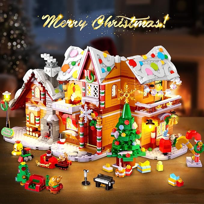 2025 Christmas 3 Style Gingerbread House Building Set with Light - 1477PCS Christmas Village Castle Building Block Toy with Santa Claus Xmas Tree Train for Adult Kids Girl Boy 6+